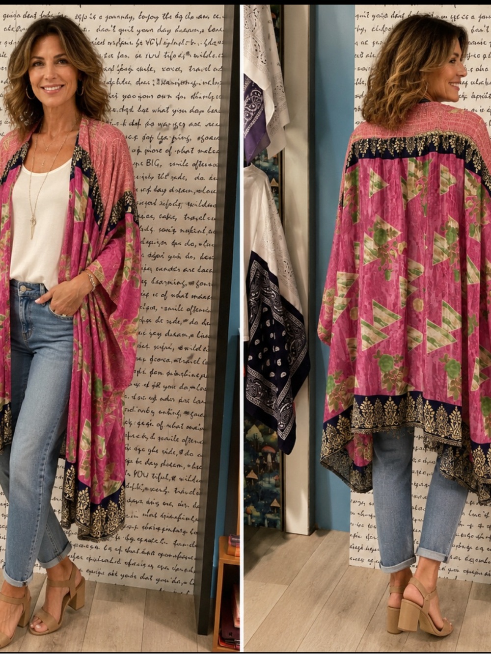 Boho Pink Floral Open-Front Kimono Shrug